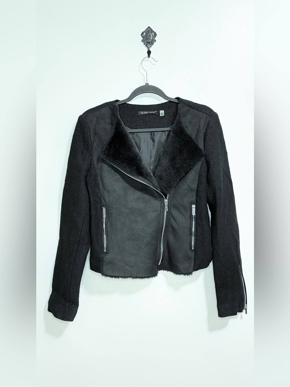 Black Tape_ Black Faux Shearling Moto Jacket with Zip Pockets
